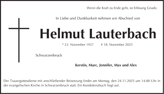 Traueranzeige von Helmut Lauterbach von Der Bote