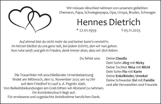 Traueranzeige von Hennes Dietrich von Pegnitz-Zeitung