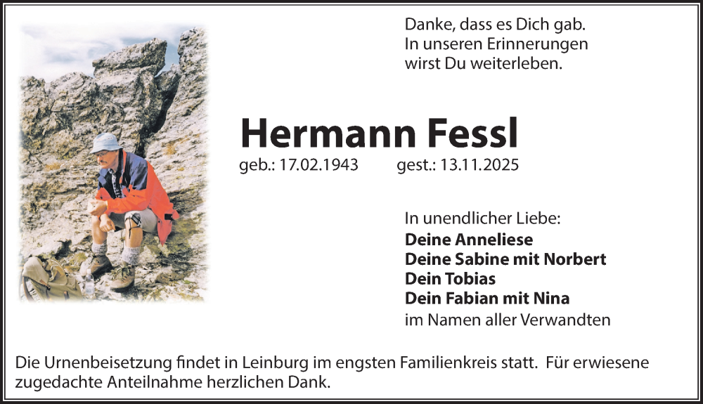  Traueranzeige für Hermann Fessl vom 29.11.2025 aus Hersbrucker Zeitung Lokal