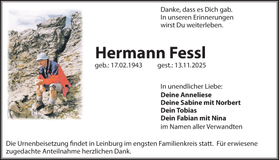 Traueranzeige von Hermann Fessl von Hersbrucker Zeitung Lokal