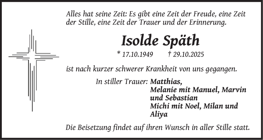  Traueranzeige für Isolde Späth vom 22.11.2025 aus Pegnitz-Zeitung