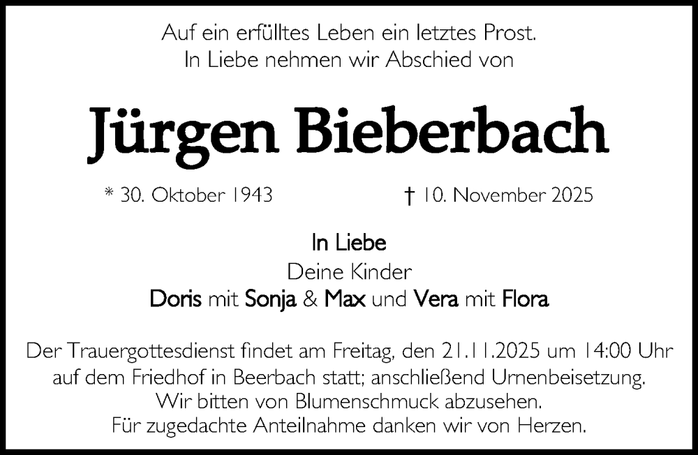  Traueranzeige für Jürgen Bieberbach vom 19.11.2025 aus Hersbrucker Zeitung Lokal
