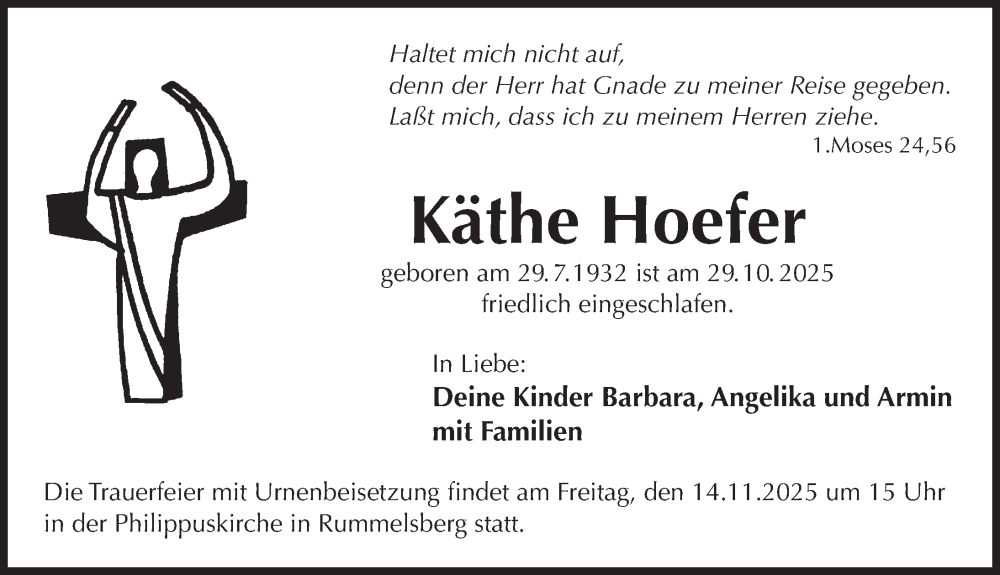  Traueranzeige für Käthe Hoefer vom 08.11.2025 aus Der Bote