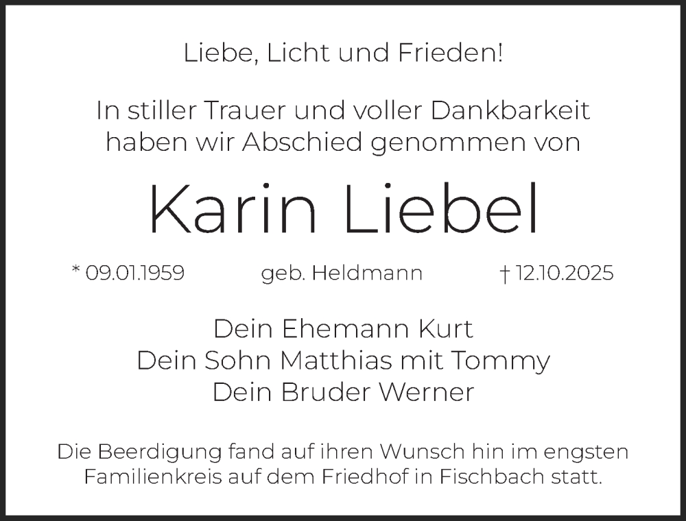  Traueranzeige für Karin Liebel vom 08.11.2025 aus Der Bote