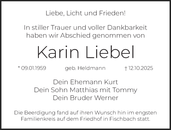 Traueranzeige von Karin Liebel von Der Bote