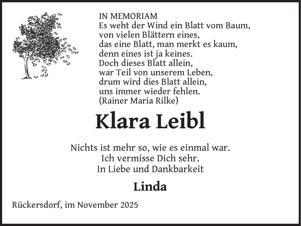  Traueranzeige für Klara Leibl vom 22.11.2025 aus Pegnitz-Zeitung