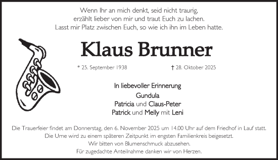 Traueranzeige von Klaus Brunner von Pegnitz-Zeitung