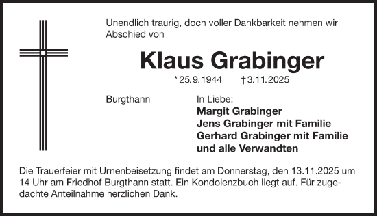 Traueranzeige von Klaus Grabinger von Der Bote