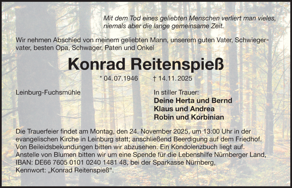  Traueranzeige für Konrad Reitenspieß vom 19.11.2025 aus Der Bote