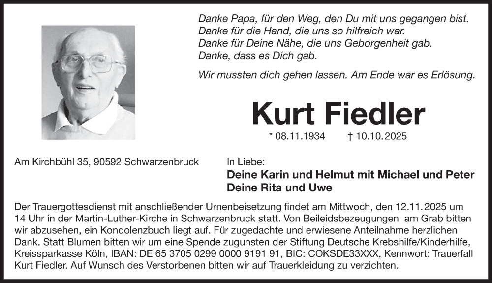  Traueranzeige für Kurt Fiedler vom 08.11.2025 aus Der Bote