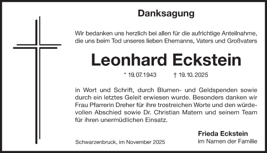 Traueranzeige von Leonhard Eckstein von Der Bote