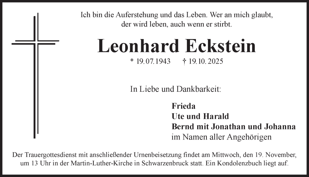  Traueranzeige für Leonhard Eckstein vom 15.11.2025 aus Der Bote