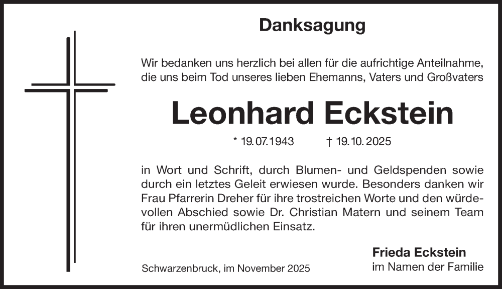  Traueranzeige für Leonhard Eckstein vom 29.11.2025 aus Der Bote