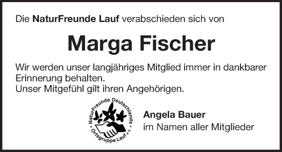 Traueranzeige von Marga Fischer von Pegnitz-Zeitung