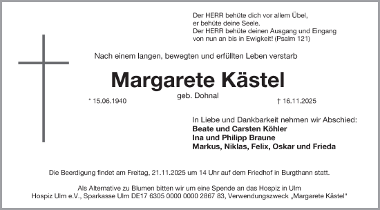 Traueranzeige von Margarete Kästel von Der Bote