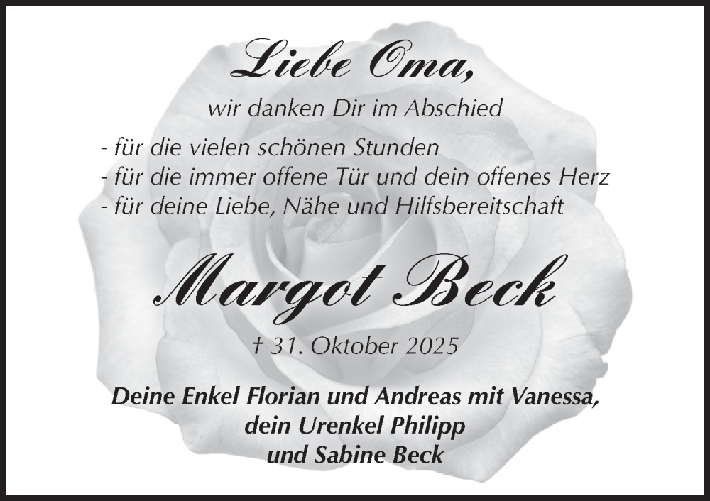  Traueranzeige für Margot Beck vom 15.11.2025 aus Pegnitz-Zeitung