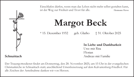 Traueranzeige von Margot Beck von Pegnitz-Zeitung