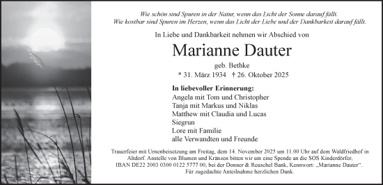 Traueranzeige von Marianne Dauter von Der Bote