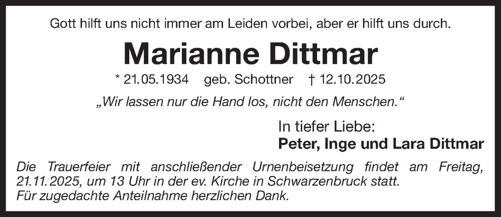  Traueranzeige für Marianne Dittmar vom 15.11.2025 aus Der Bote