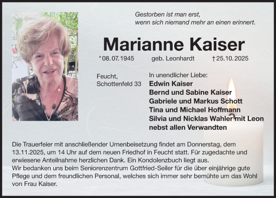 Traueranzeige von Marianne Kaiser von Der Bote