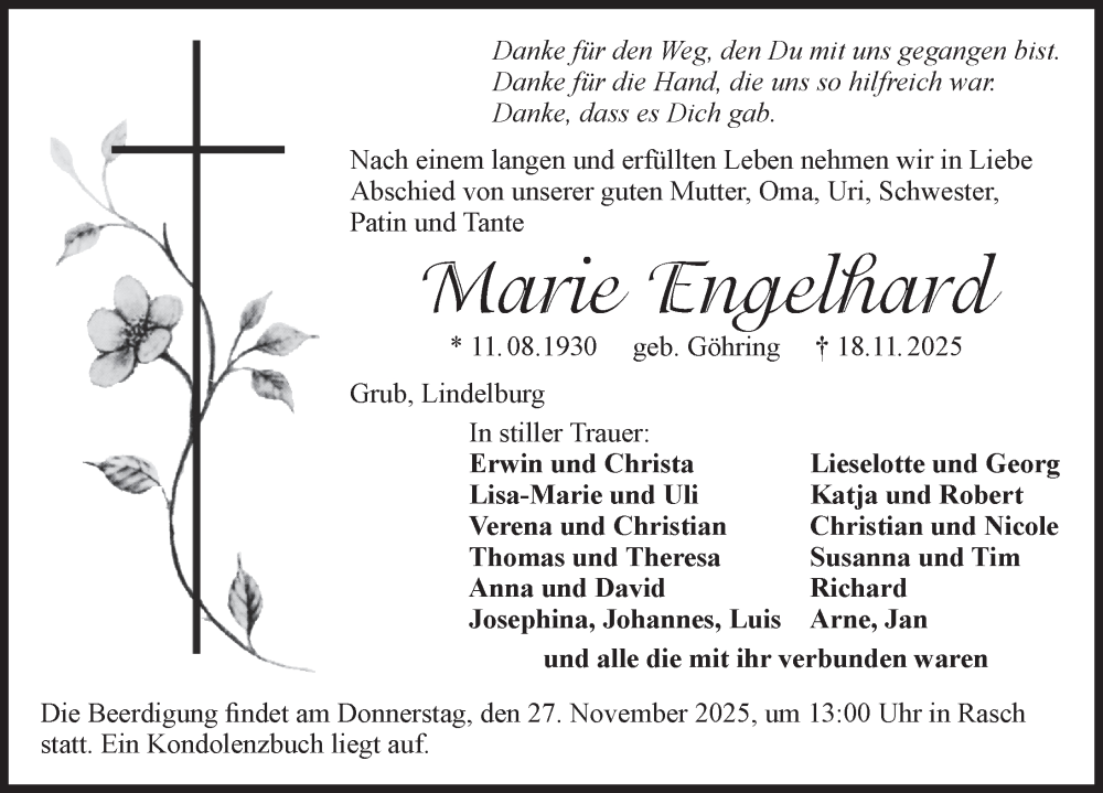  Traueranzeige für Marie Engelhard vom 22.11.2025 aus Der Bote