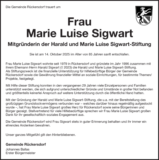 Traueranzeige von Marie Luise Sigwart von Pegnitz-Zeitung