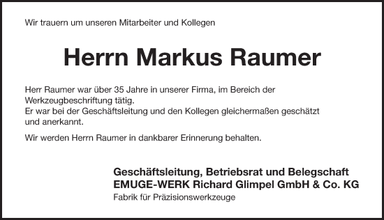 Traueranzeige von Markus Raumer von Pegnitz-Zeitung