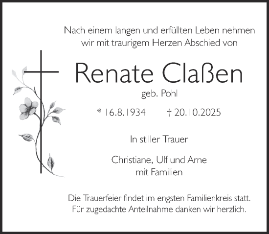 Traueranzeige von Renate Claßen von Pegnitz-Zeitung
