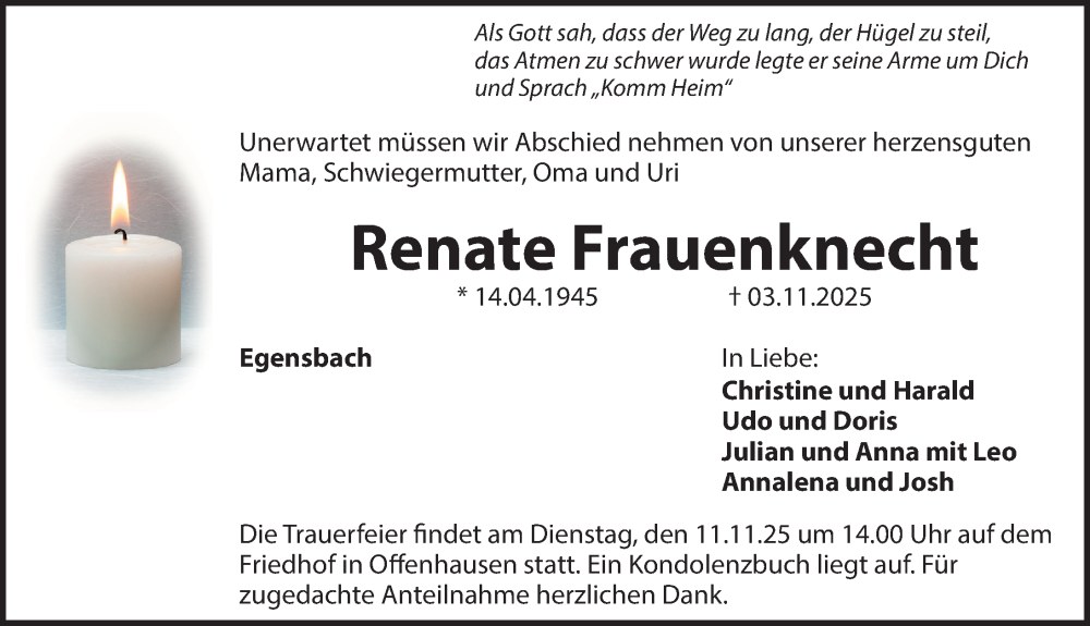  Traueranzeige für Renate Frauenknecht vom 08.11.2025 aus Hersbrucker Zeitung Lokal