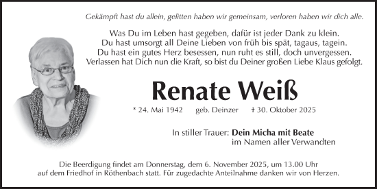 Traueranzeige von Renate Weiß von Pegnitz-Zeitung