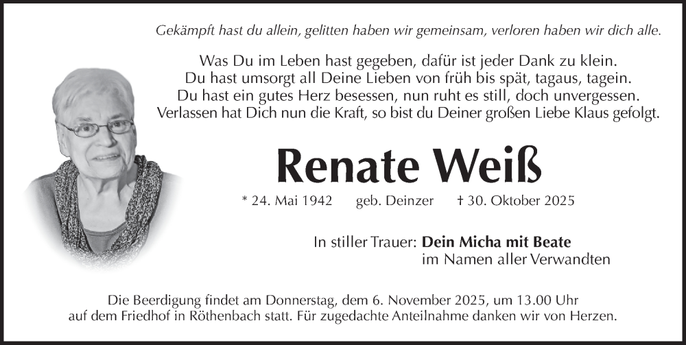  Traueranzeige für Renate Weiß vom 05.11.2025 aus Pegnitz-Zeitung