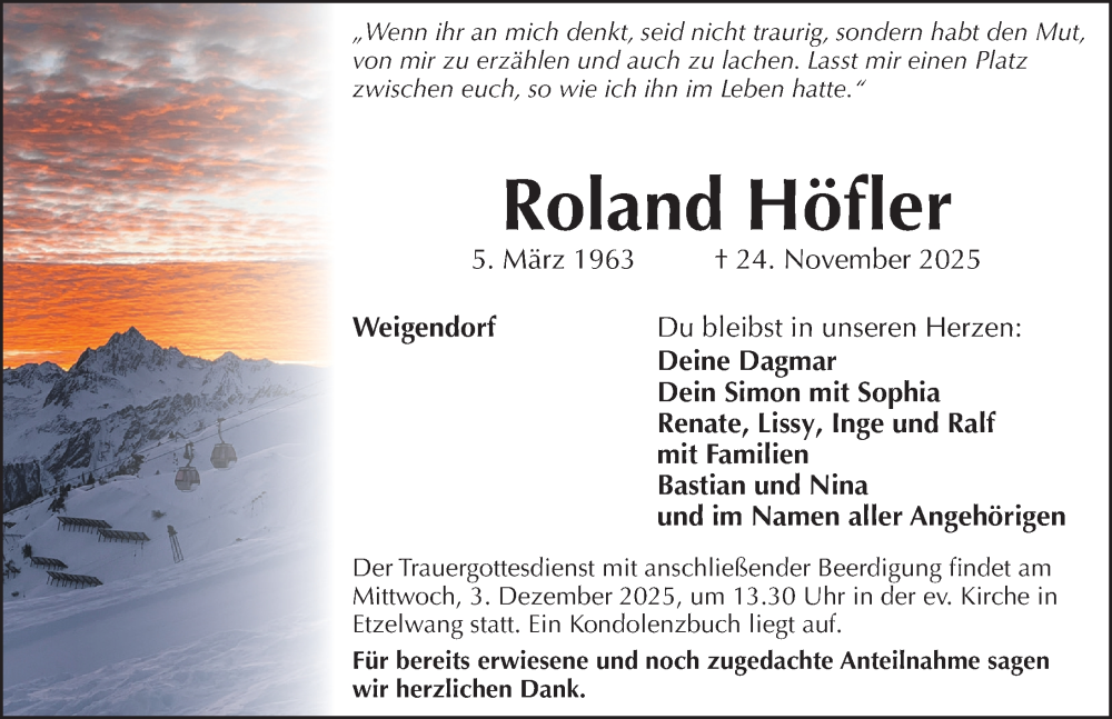  Traueranzeige für Roland Höfler vom 29.11.2025 aus Hersbrucker Zeitung Lokal