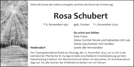 Traueranzeige von Rosa Schubert von Pegnitz-Zeitung