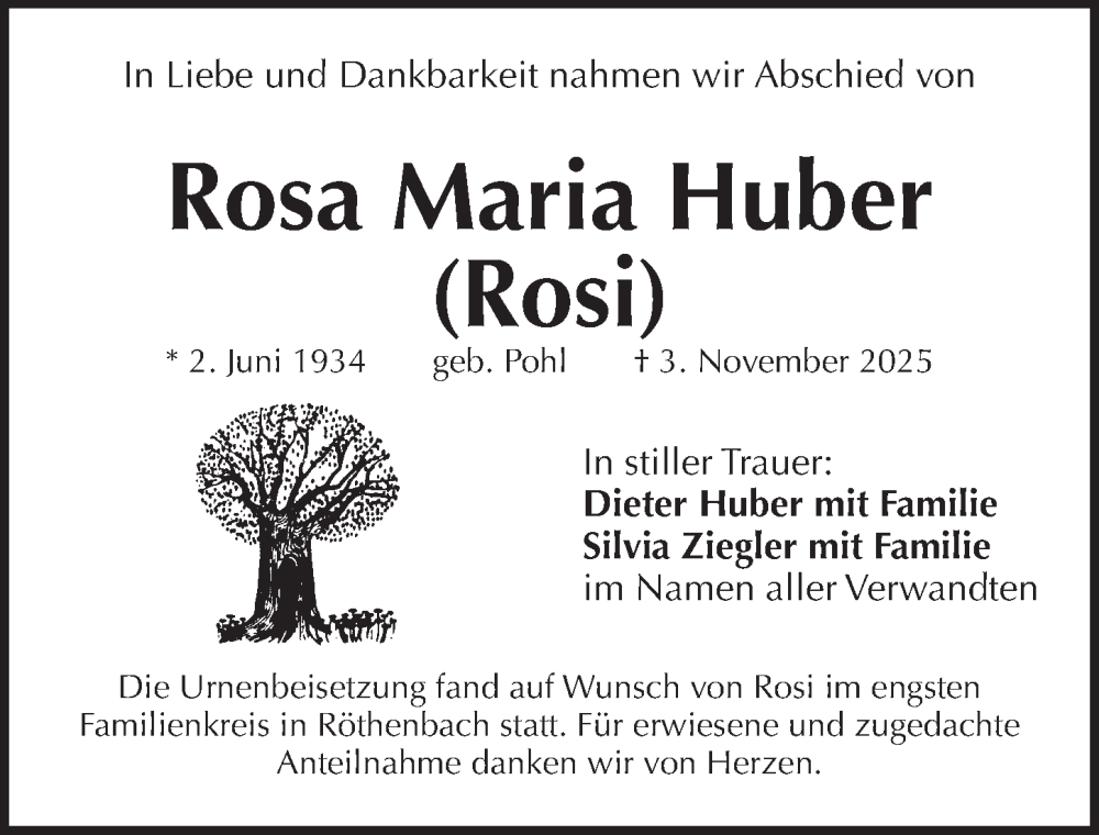  Traueranzeige für Rosa Maria Huber vom 22.11.2025 aus Pegnitz-Zeitung