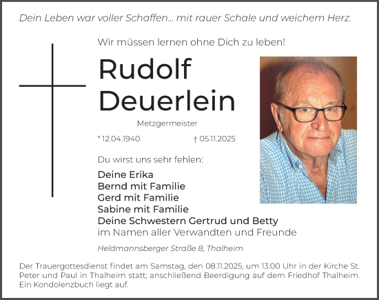 Traueranzeige von Rudolf Deuerlein von Hersbrucker Zeitung Lokal