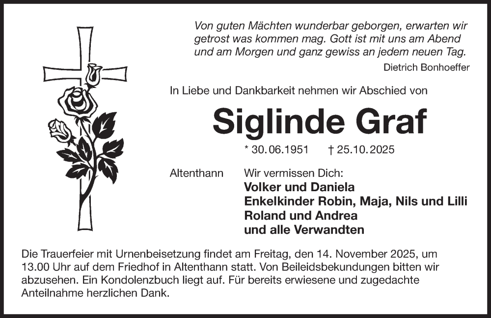  Traueranzeige für Siglinde Graf vom 08.11.2025 aus Der Bote