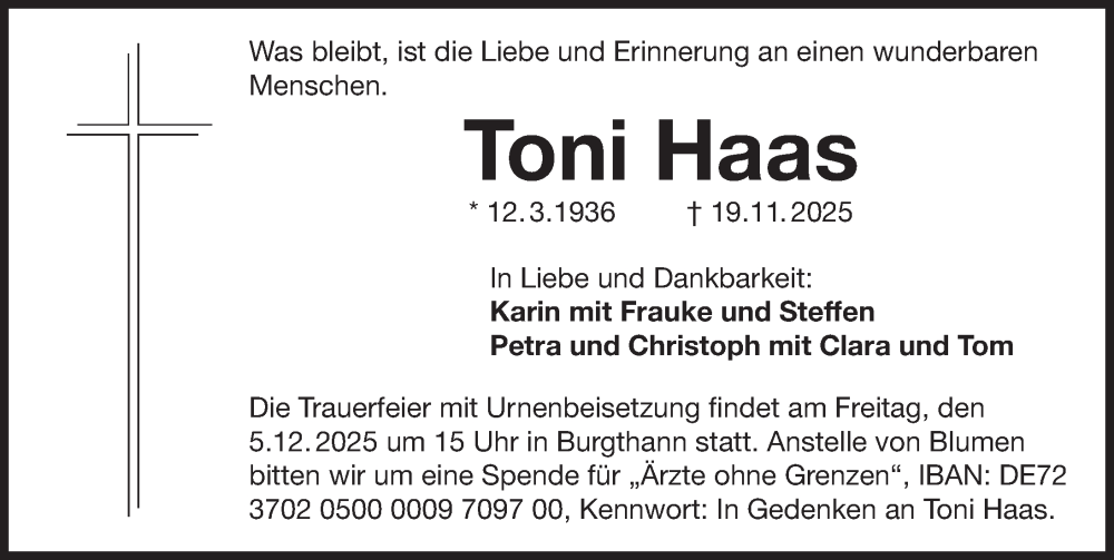  Traueranzeige für Toni Haas vom 29.11.2025 aus Der Bote