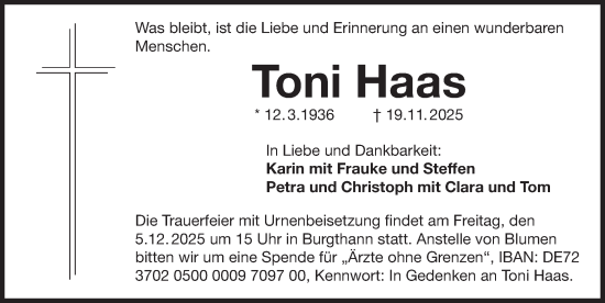 Traueranzeige von Toni Haas von Der Bote