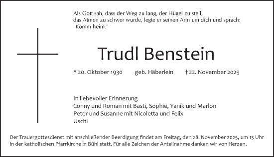 Traueranzeige von Trudl Benstein von Pegnitz-Zeitung