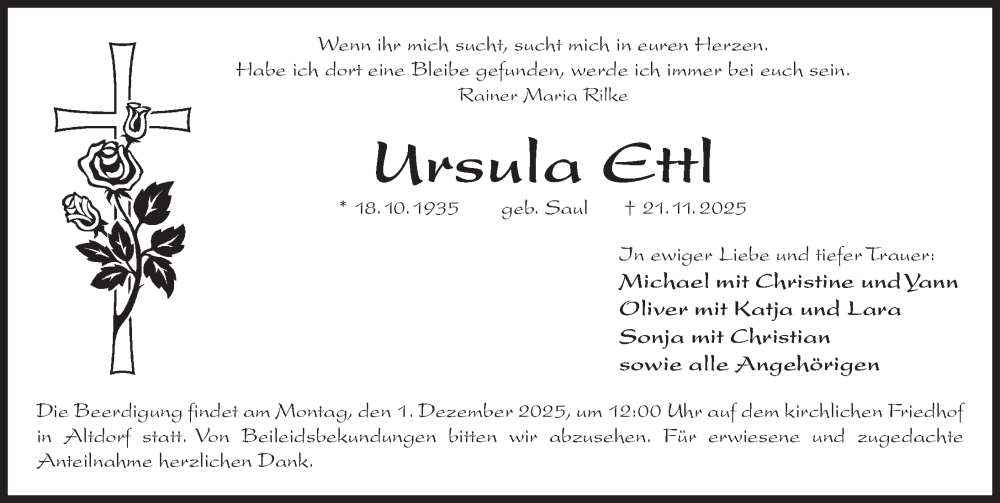  Traueranzeige für Ursula Ettl vom 29.11.2025 aus Der Bote