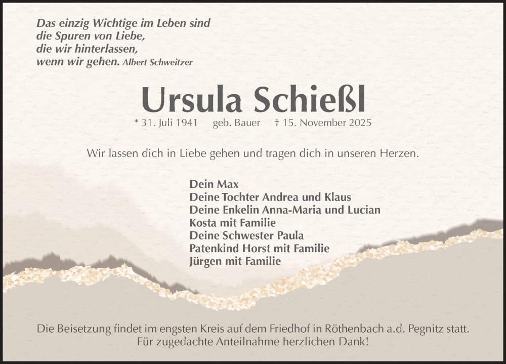  Traueranzeige für Ursula Schießl vom 22.11.2025 aus Pegnitz-Zeitung