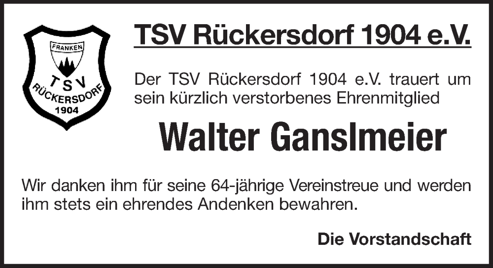  Traueranzeige für Walter Ganslmeier vom 17.11.2025 aus Pegnitz-Zeitung