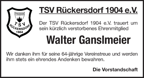 Traueranzeige von Walter Ganslmeier von Pegnitz-Zeitung