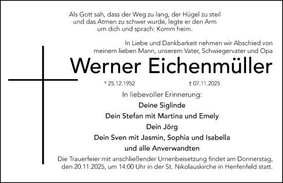 Traueranzeige von Werner Eichenmüller von Hersbrucker Zeitung Lokal