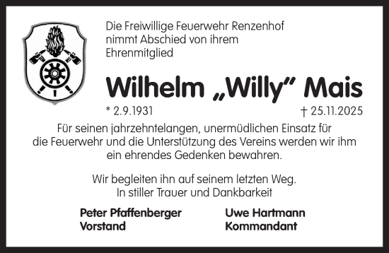 Traueranzeige von Wilhelm Mais von Pegnitz-Zeitung