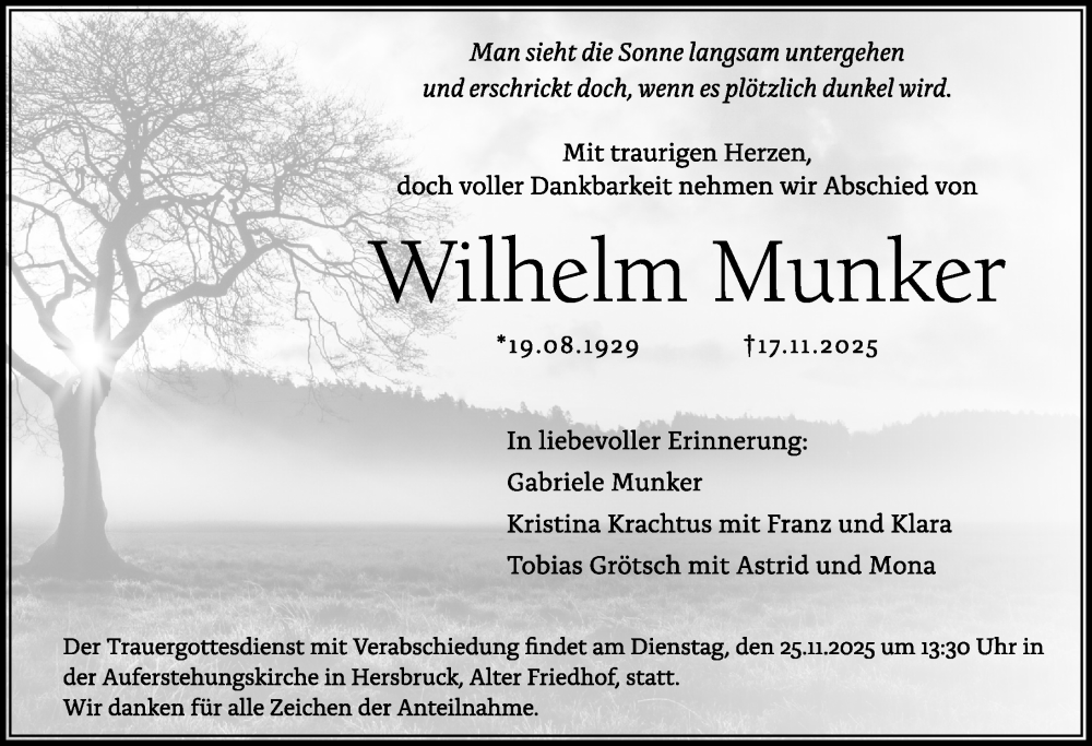 Traueranzeige für Wilhelm Munker vom 22.11.2025 aus Hersbrucker Zeitung Lokal