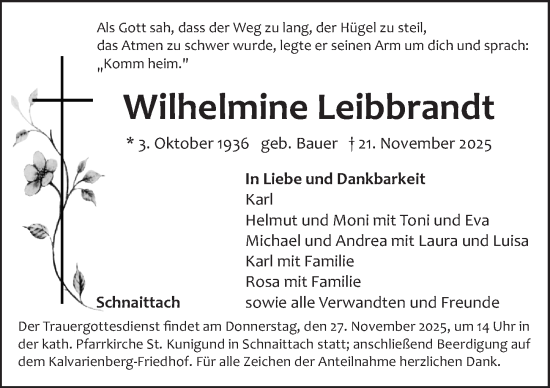 Traueranzeige von Wilhelmine Leibbrandt von Pegnitz-Zeitung