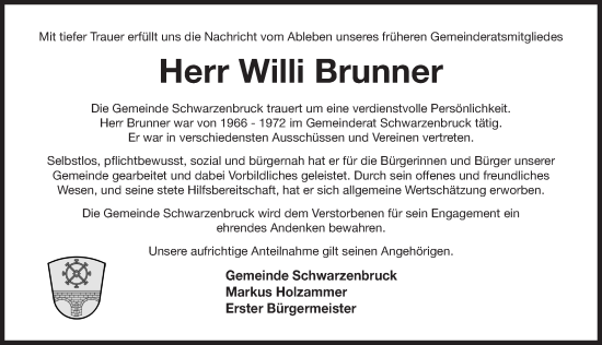 Traueranzeige von Willi Brunner von Der Bote