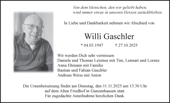 Traueranzeige von Willi Gaschler von Pegnitz-Zeitung