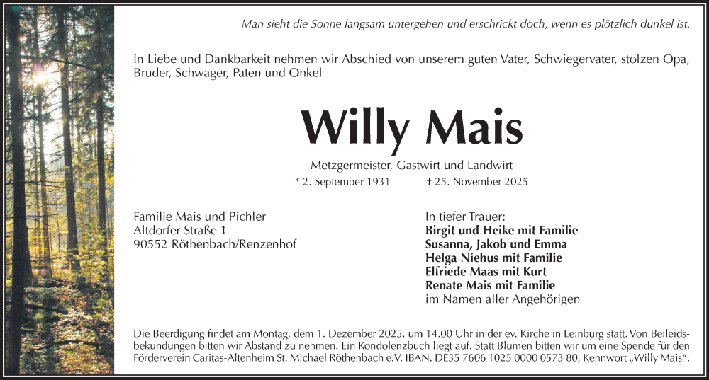  Traueranzeige für Willy Mais vom 29.11.2025 aus Pegnitz-Zeitung